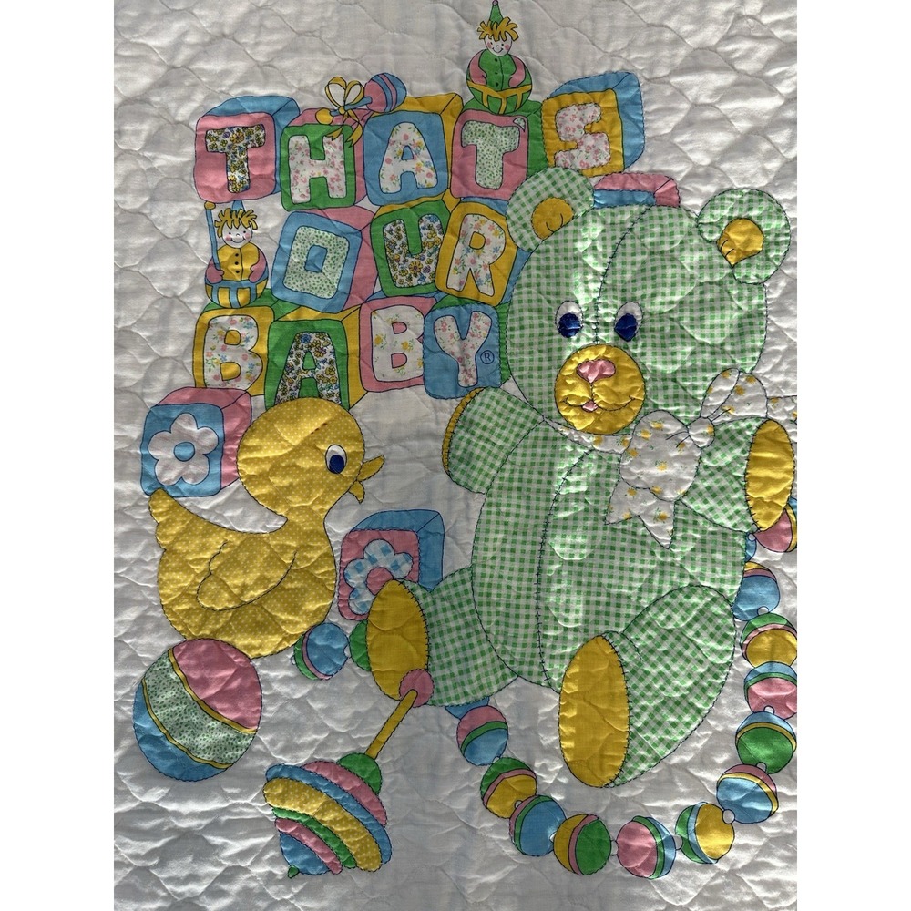 Vtg Lightweight That's Our Baby Bear & Duck & Toys Baby Blanket Quilt Sarin Rim